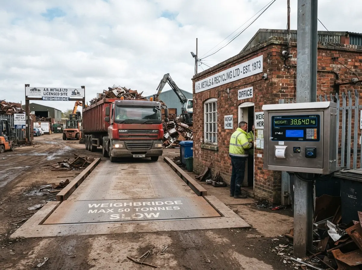 Industrial weighbridge with a lorry being weighed beside a brick weigh office and a digital weight terminal