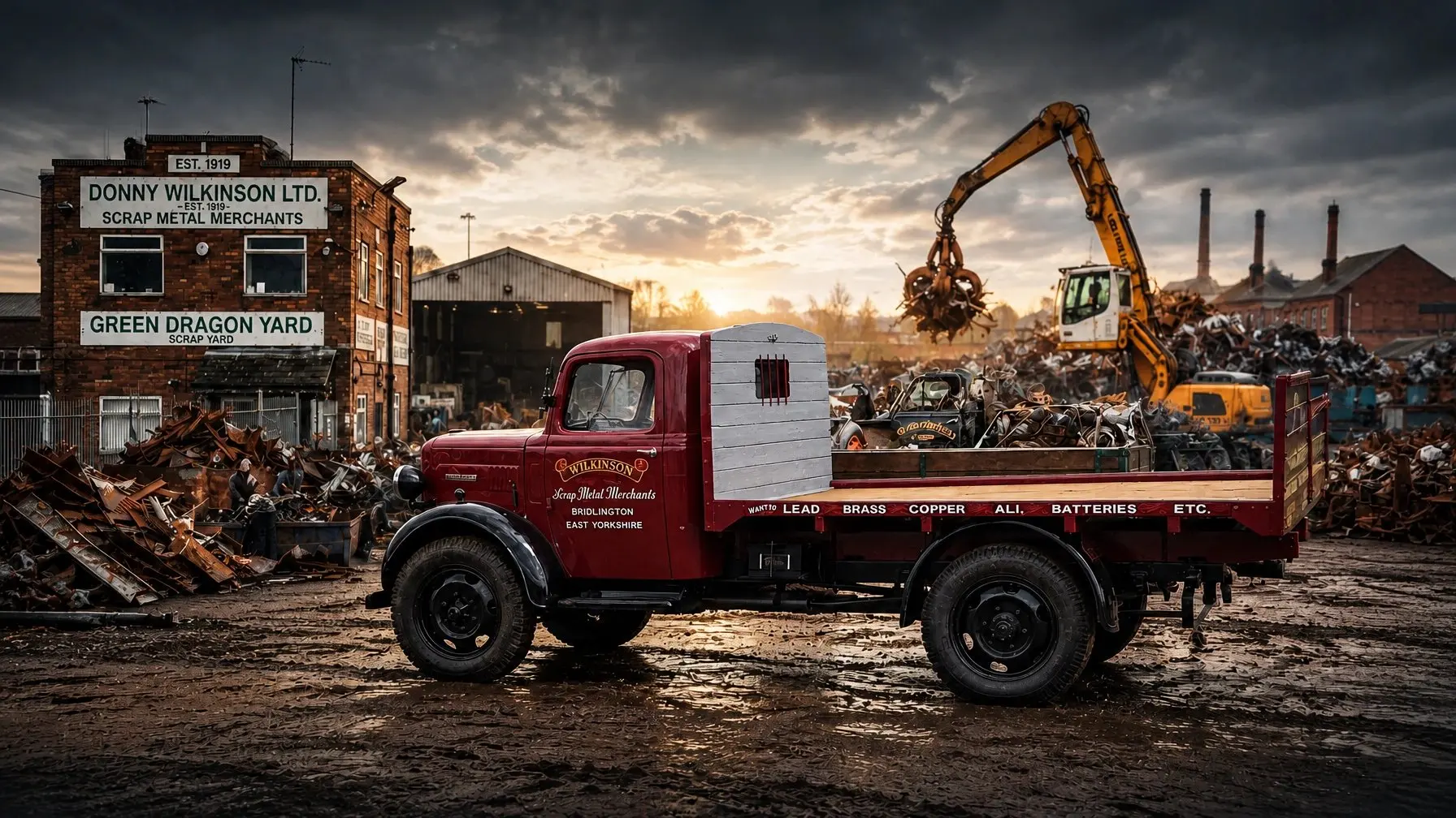 Vintage red flatbed lorry loaded with scrap metal in a British scrap yard, with a material handler grabbing ferrous scrap and the yard's brick office building behind