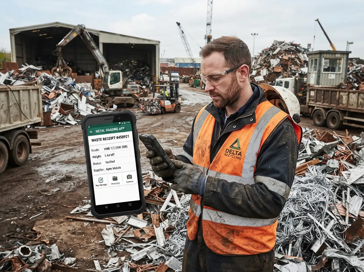 Scrap yard operative in a high-visibility vest using a rugged handset beside scrap piles